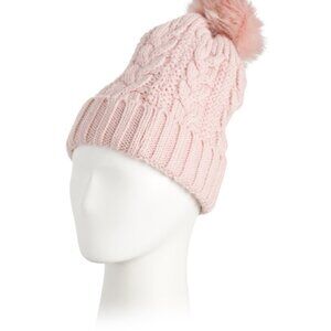 NEW SURELL Cable Knit Cuff Beanie With Faux Pom Pink for women 163mn